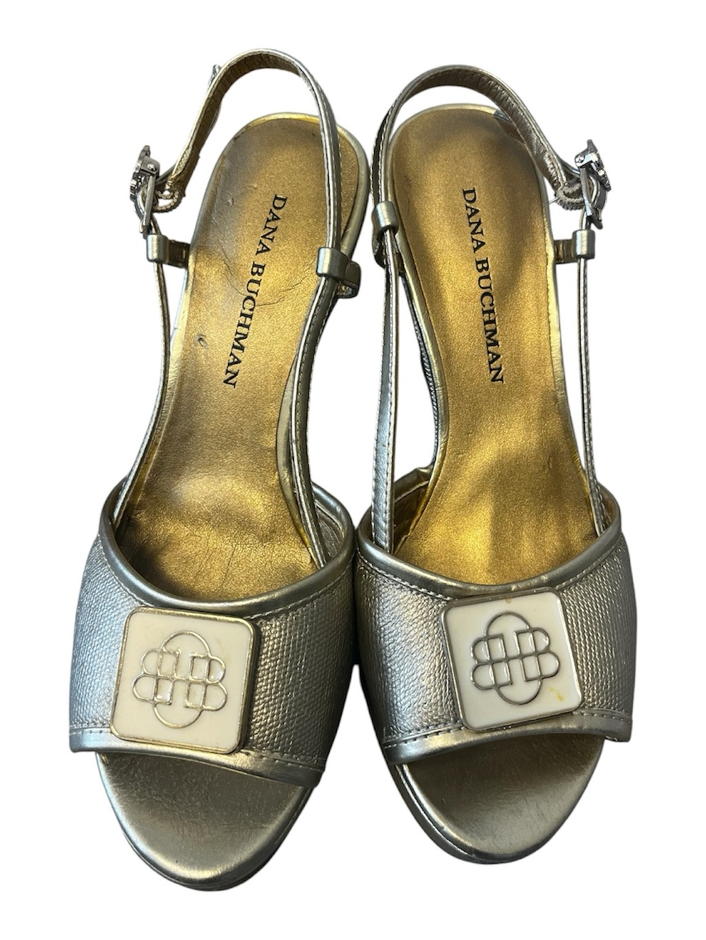 Dana Buchman Gold Open Toe Slingback Sandals Wedge Heel Sz 7